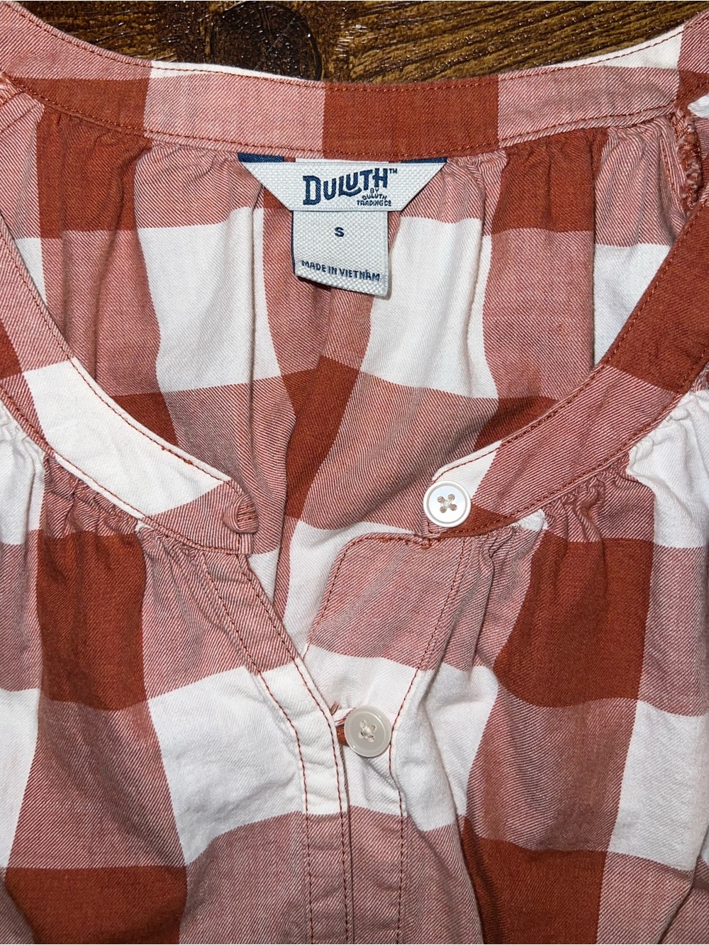 Duluth Peasant Blouse Rust & White Gingham Button Front Long Sleeve Top Size S - Picture 7 of 9